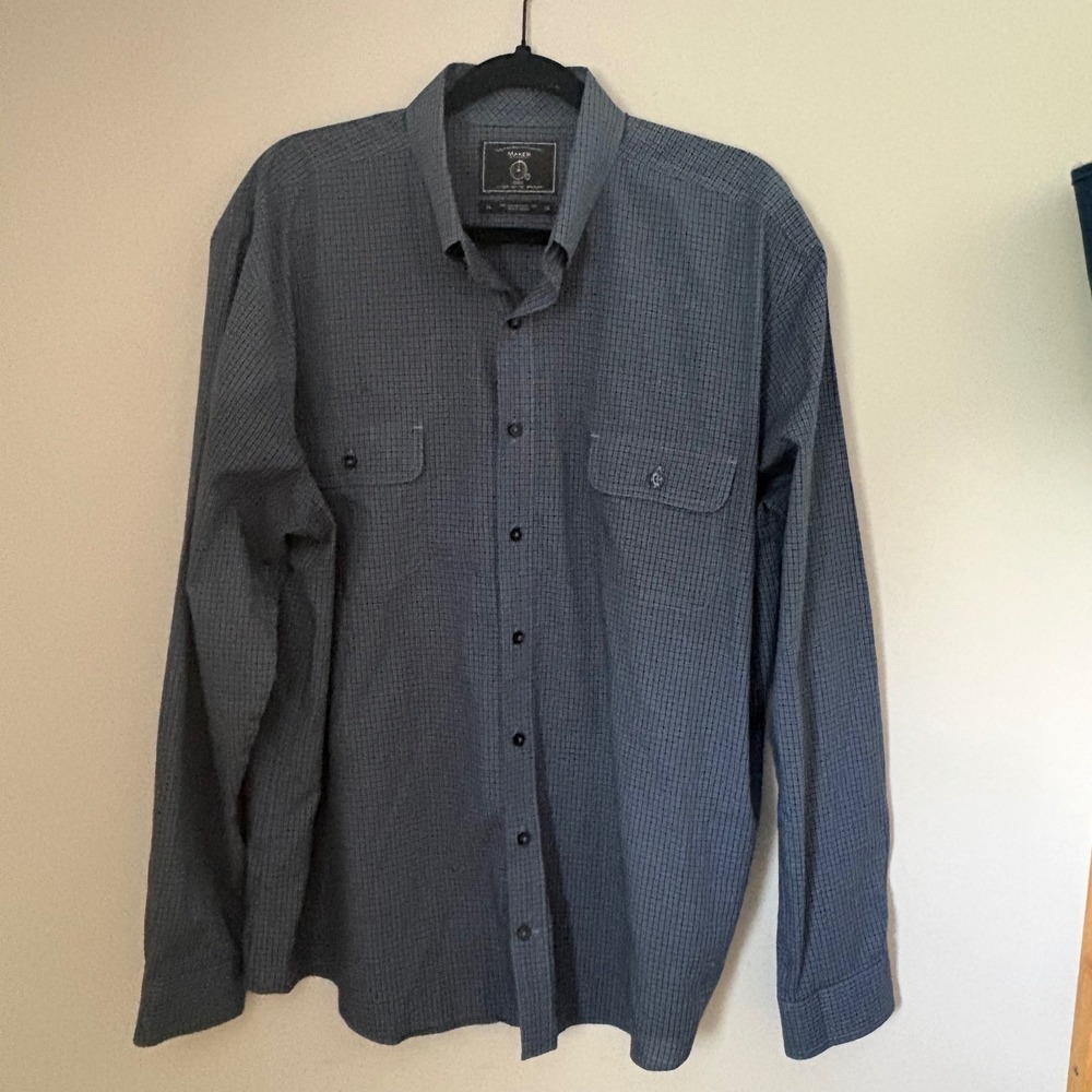Maker & Company Mens XL Blue Black Micro Check Cotton Button Down Pocket Shirt